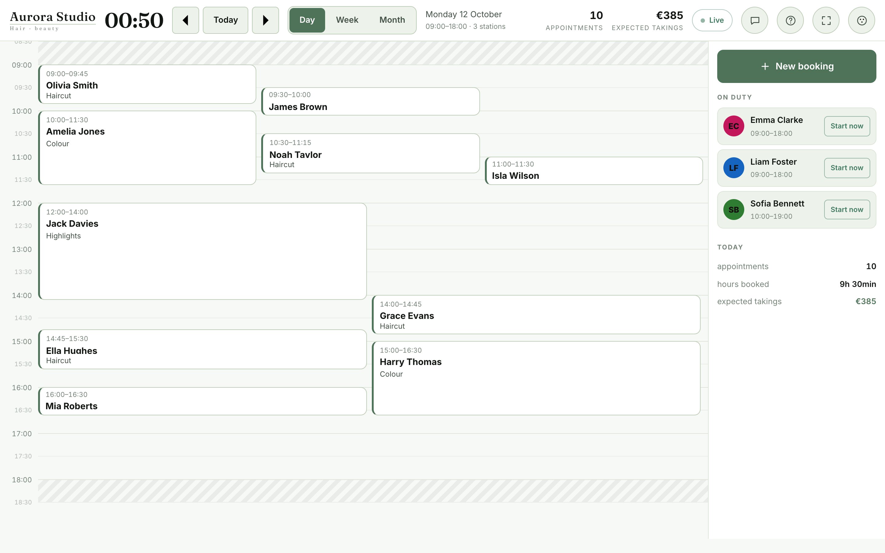 The agenda screen: the day’s appointments and who is on shift.