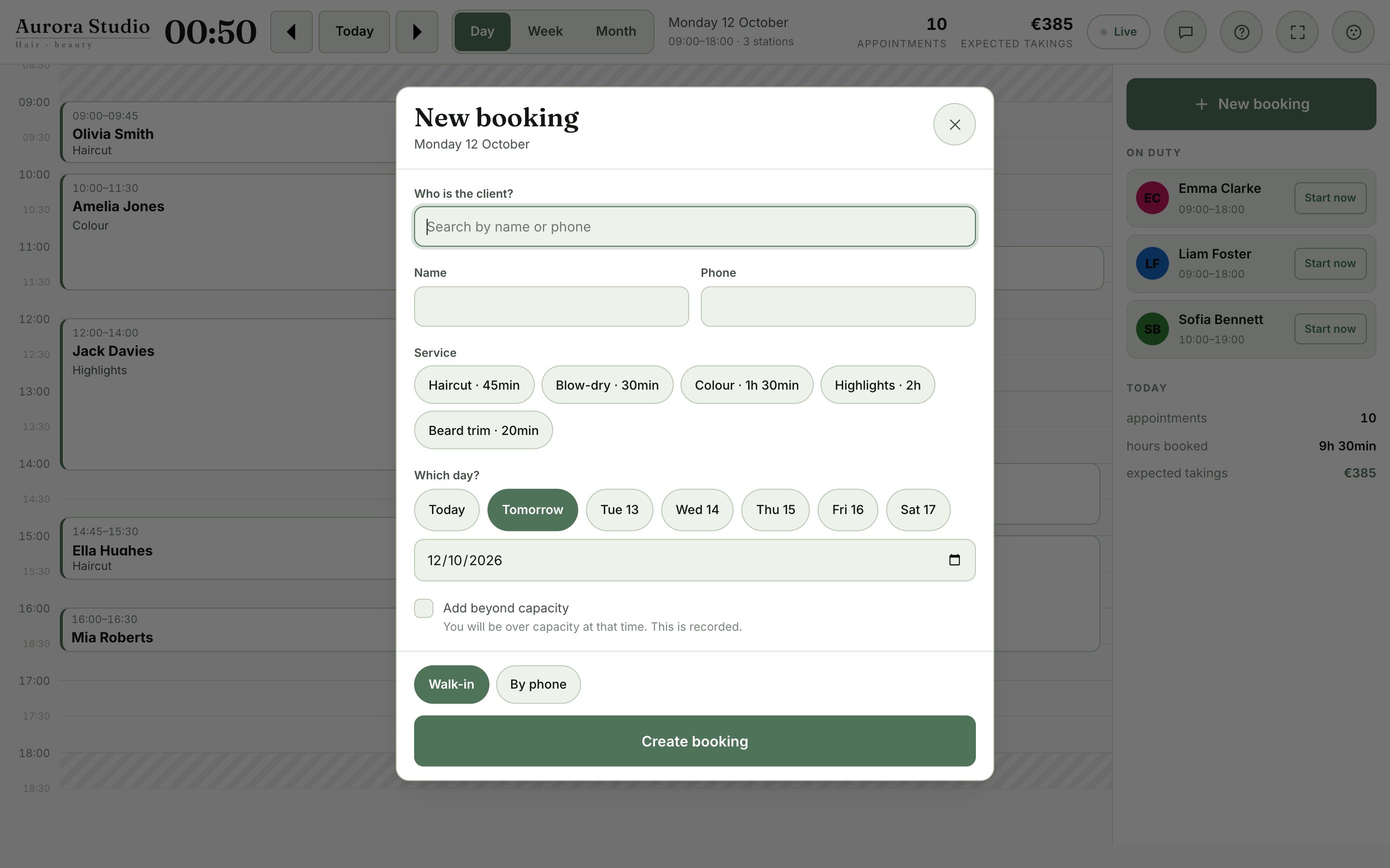 A new booking at the desk or by phone