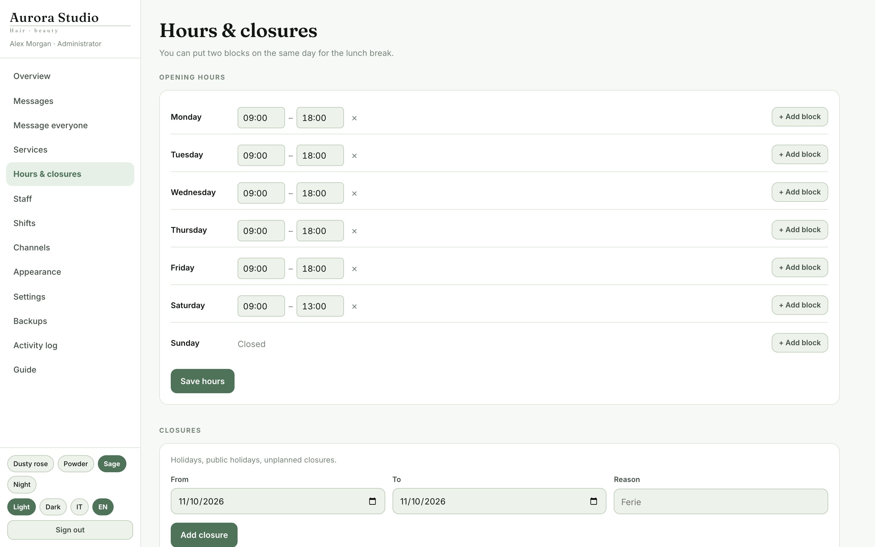 Hours & closures
