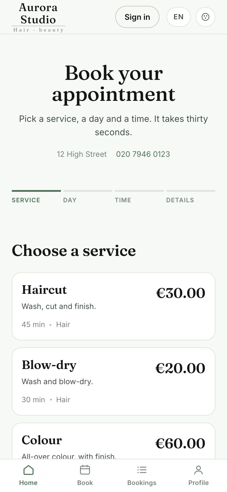 The booking site, as a client sees it on a phone.