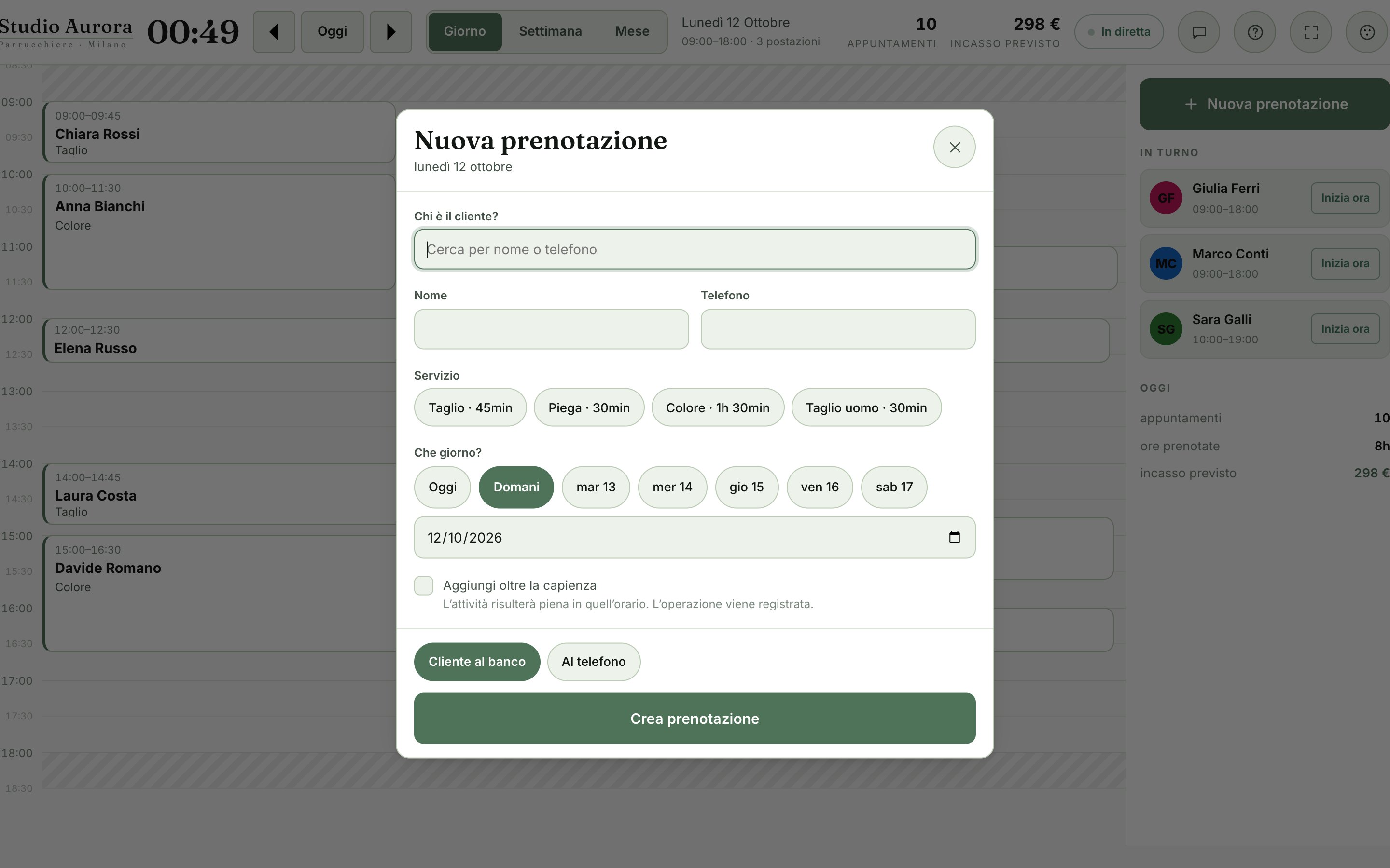 Nuova prenotazione al banco o al telefono
