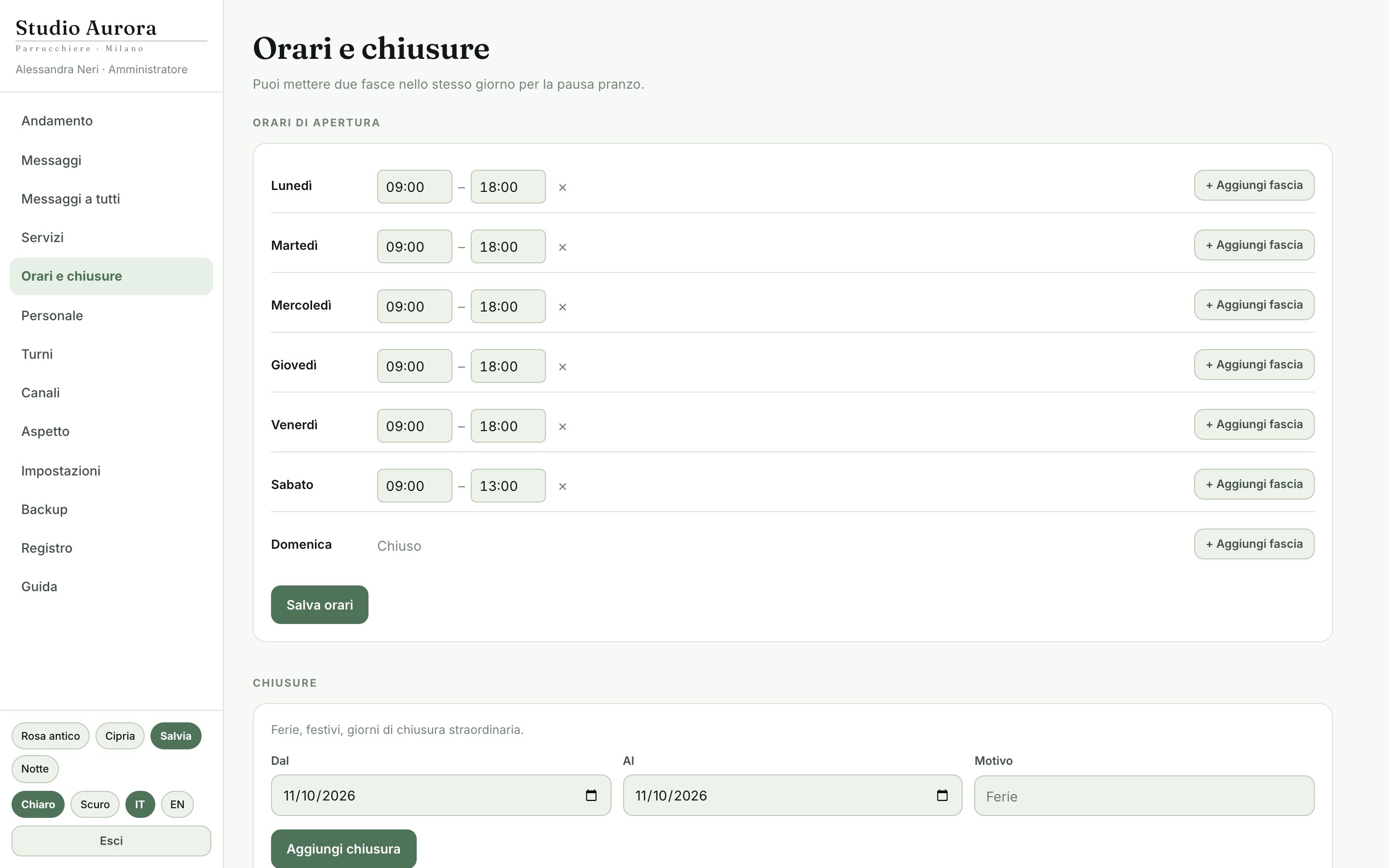 Orari e chiusure