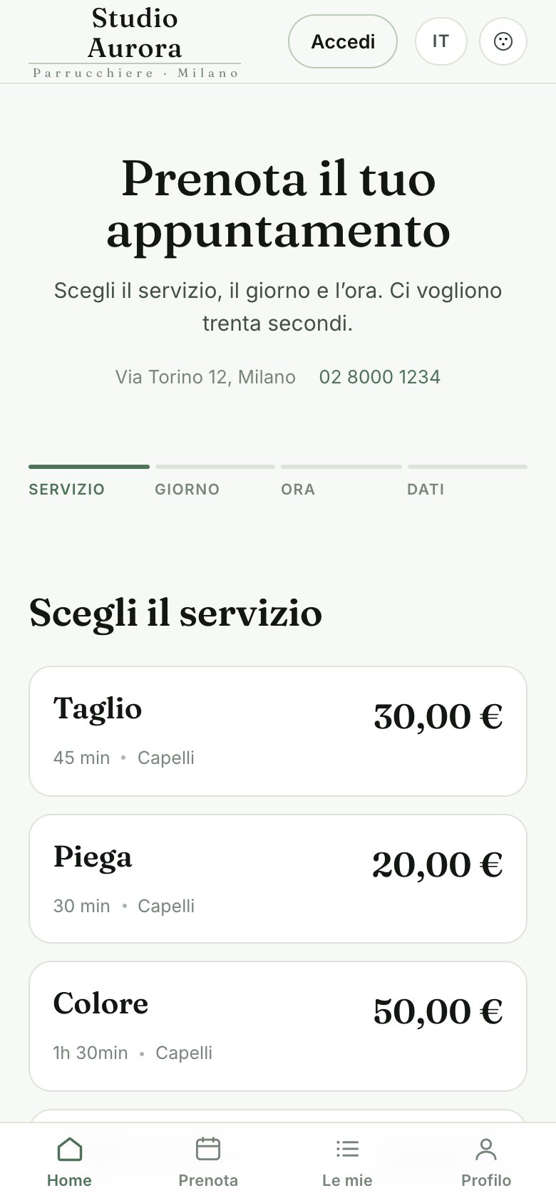 Il sito di prenotazione, come lo vede un cliente sul telefono.