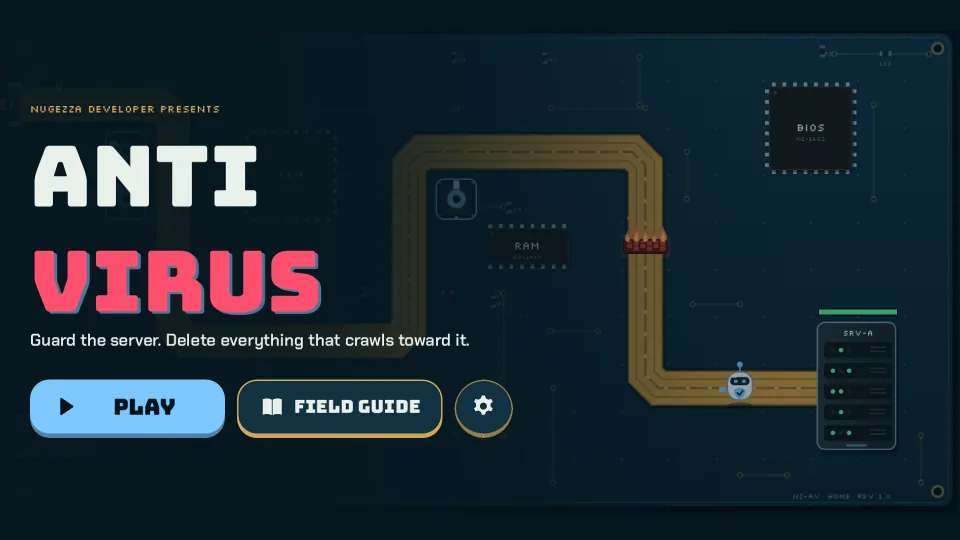 The title screen: Anti Virus, with the Play and Field Guide buttons over a live game