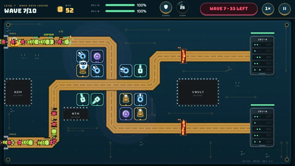 The Bank Data Centre mid-battle: two buses crossing, towers firing, worms and bugs on the way to two servers