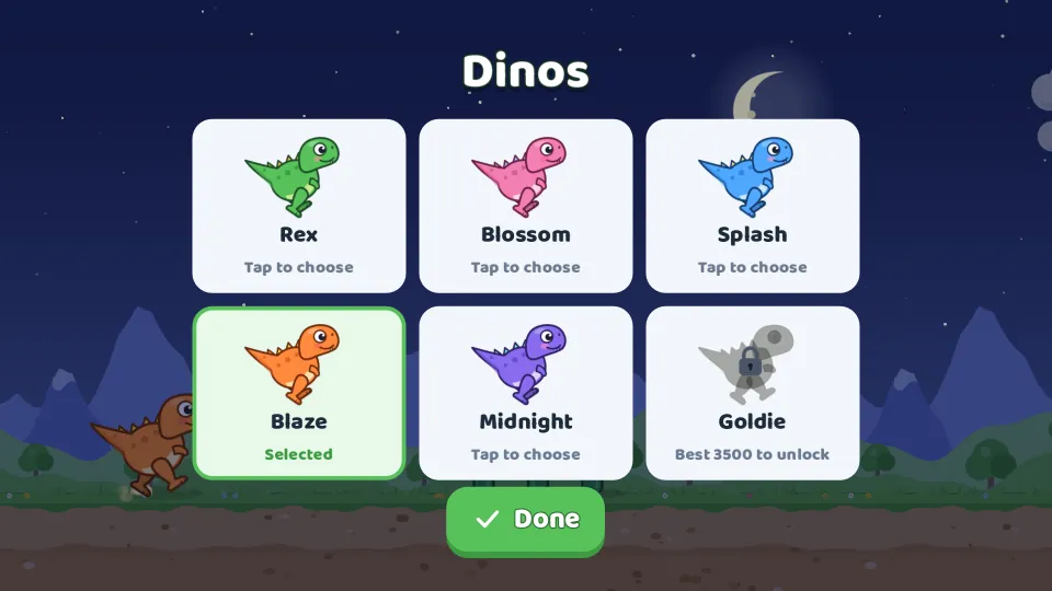 Choosing a dino: Rex, Blossom, Splash, Blaze, Midnight and Goldie