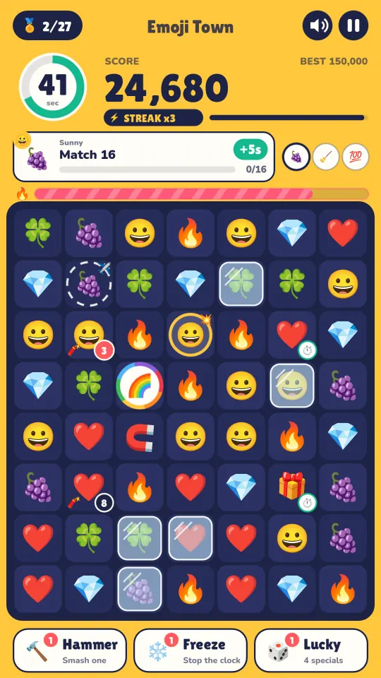 A game in play: the clock, the score, a friend’s request, and a board with specials, a gift, a magnet, time bombs and ice