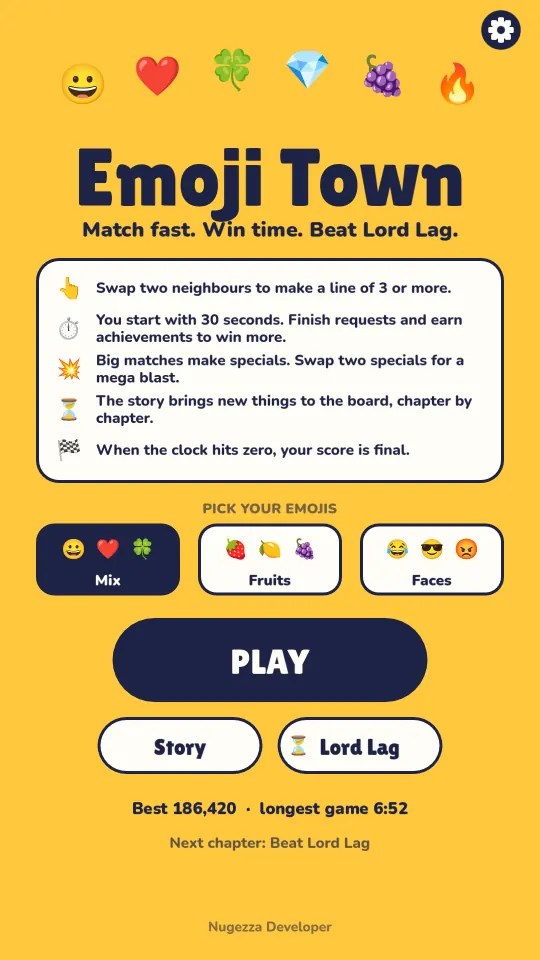The title screen: the rules, the three emoji sets, the story and Lord Lag