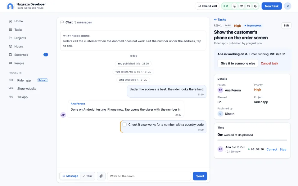 A task: its chat on the left, the timer and the details on the right