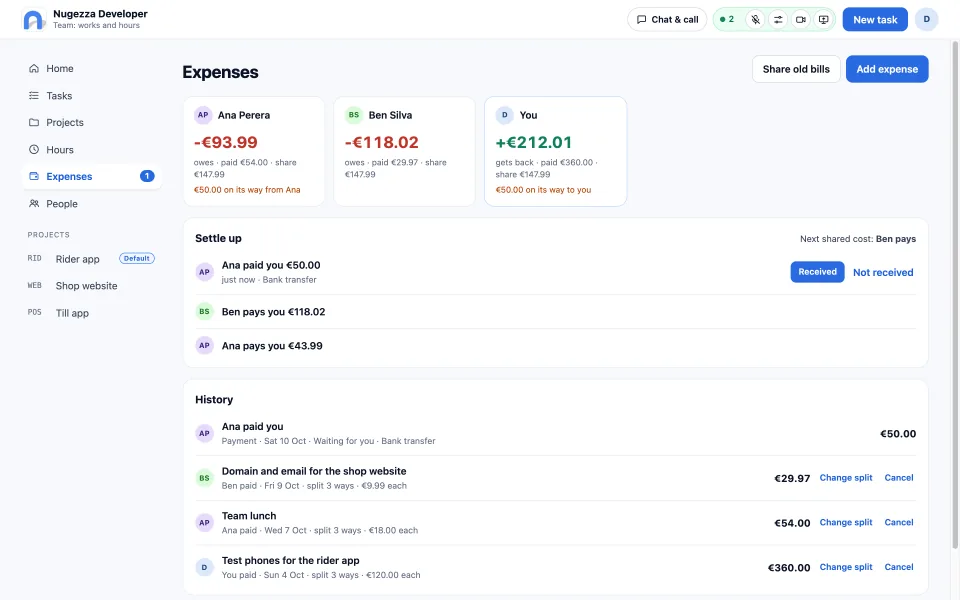 Expenses: who gets back and who owes, and what to settle